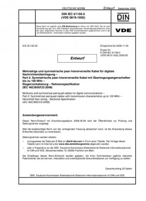 IEC 46C/855/CD:2008 - Многожильные и симметричные кабели пара/четверка для цифровой связи. Часть 2: Симметричные кабели пара/четверка с характеристиками передачи до 100 МГц - Горизонтальная напольная проводка - Групповая спецификация