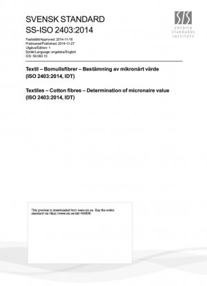 Текстиль - Хлопковые волокна - Определение значения микронейра (ISO 2403:2014, IDT)
