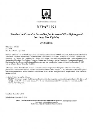 Стандарт NFPA® 1971 по защитным комплексам для пожаротушения в зданиях и для тушения пожаров на близком расстоянии. Предварительная временная поправка, издание 2018 г.